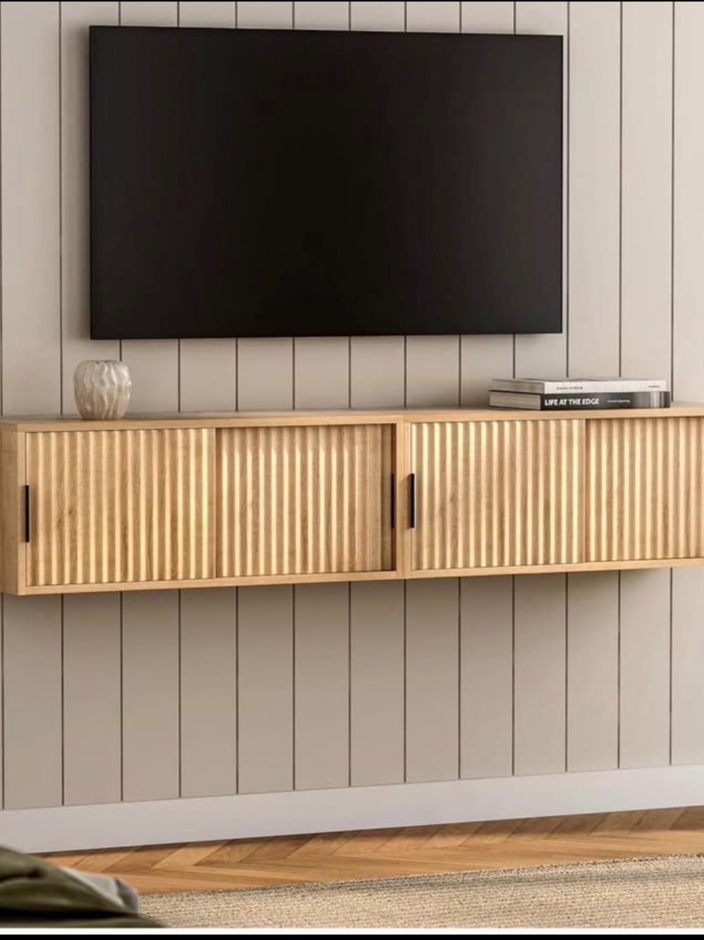 2 Floating Wood Media Console Cabinet in Natural Oak